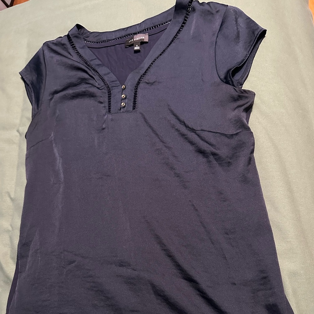 Navy blue short sleeve blouse with button detailing